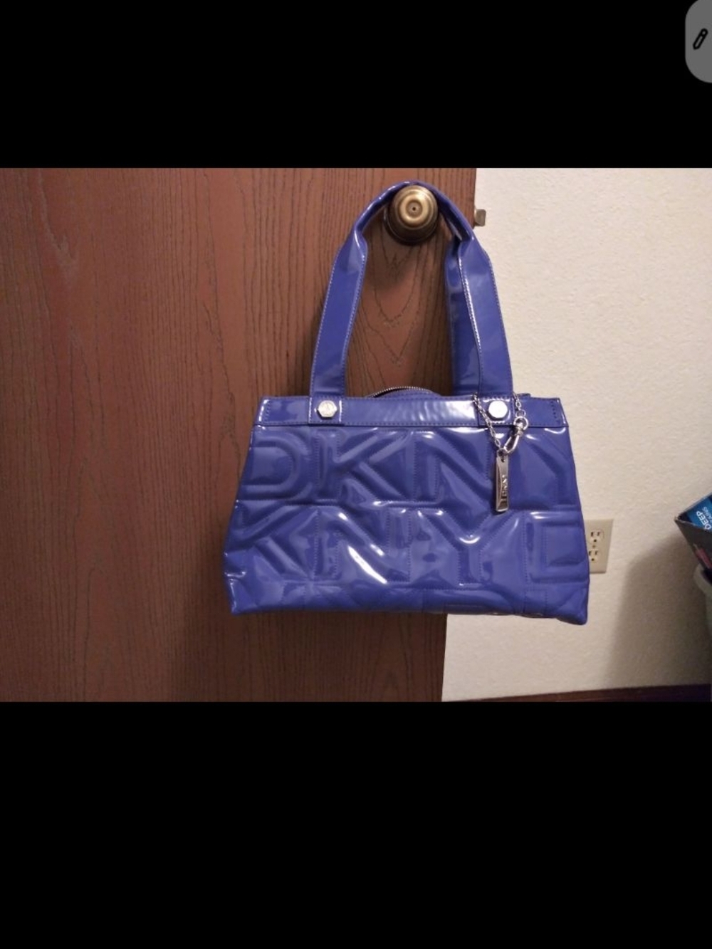 DKNY Patent Royal Blue Embossed Logo Shoulder Bag
